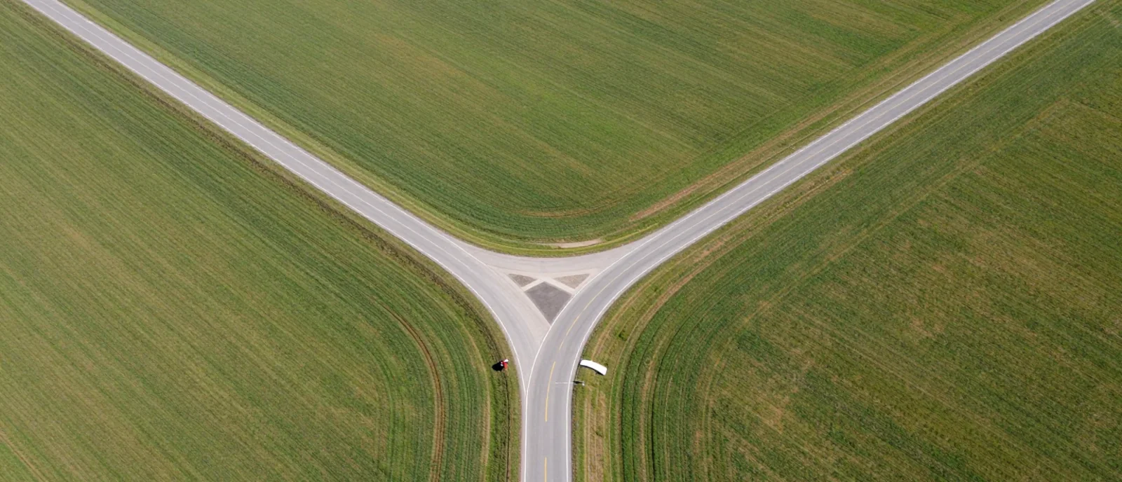 A road seen from above, splitting into two branches